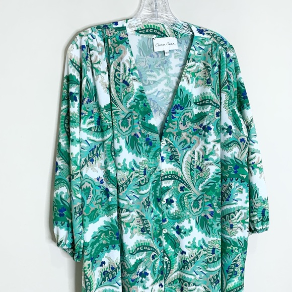 Cara Cara Paris Midi Dress (Sz XS/S) Long Sleeve Tie Waist Scroll Paisley Green